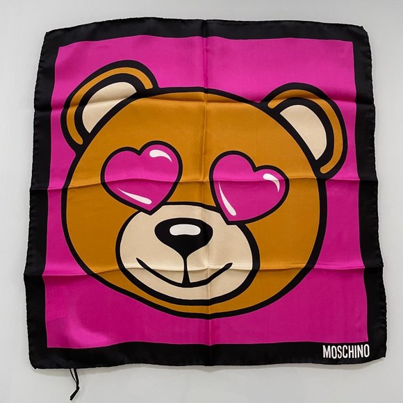 MOSCHINO 100%SILK SCARF TEDDY BEAR 19 Teddy Bear Hearts in The Eyes Silk Scarf from Moschino